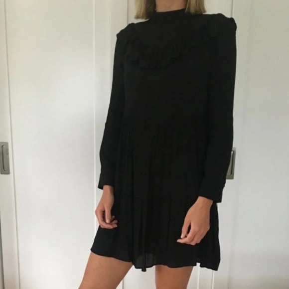 Zara Swiss Dot Ruffled Frill High Neck Long Sleeve Dress Black Sz Small - Picture 3 of 10